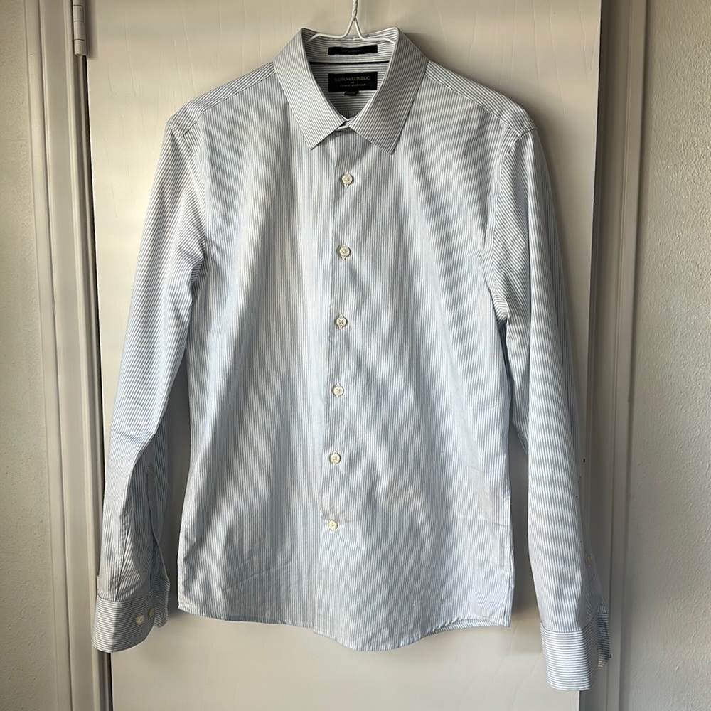 Banana Republic blue and white striped button down, untucked fit, size small